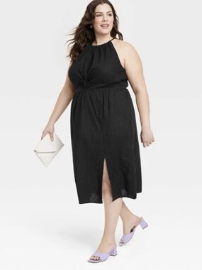 Black Halter Knot-Front Midi Dress Linen/Rayon Blend Plus Size